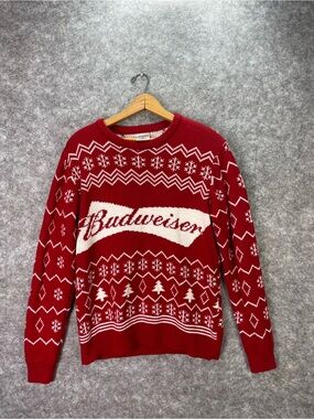 Budweiser Sweater Mens Medium Red Beer Fair Isle Ugly Christmas Knit Pullover